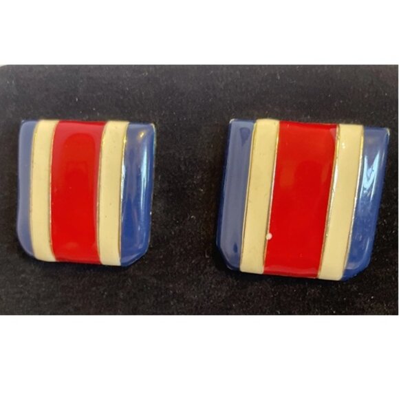 M Jent Red White Blue Gold Striped Square Earrings 1 inch 4th of July America - Picture 2 of 10